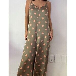 Zara Wide Leg Polka Dots Long Flowing Jumpsuit green with Blush dots size Small